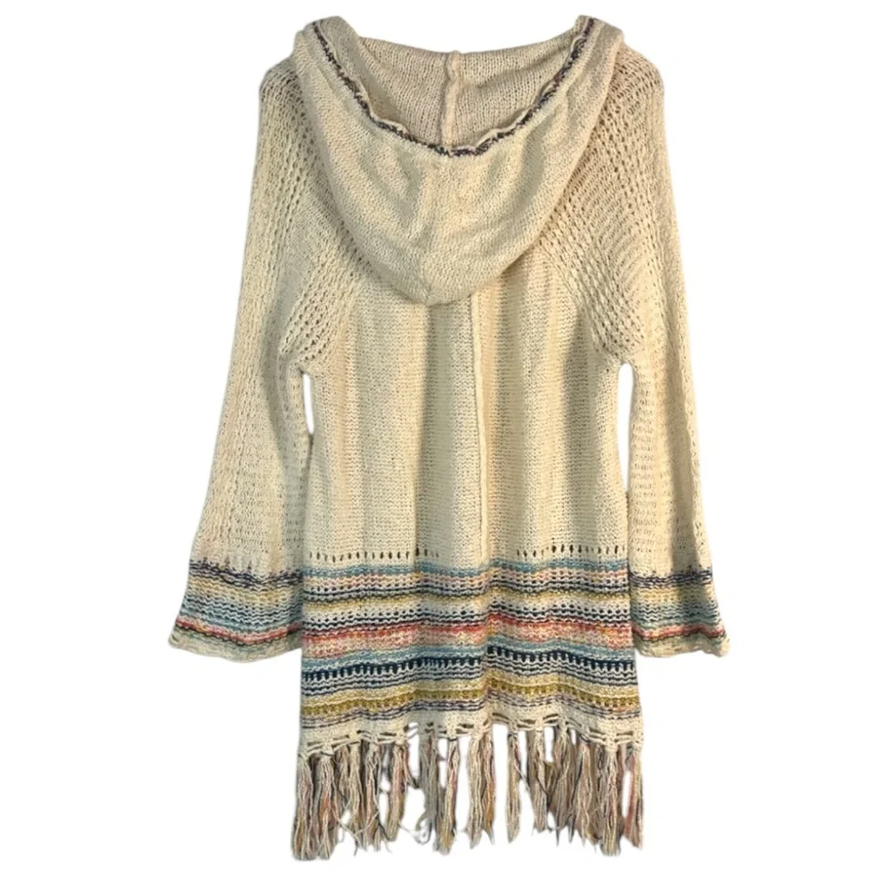 Free People Knit Crochet Hooded Pullover Tah-Loo Fringe Tunic Sweater Boho Indie - Picture 5 of 8